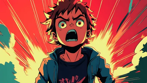 Shocked anime boy amid explosive red energy burst.