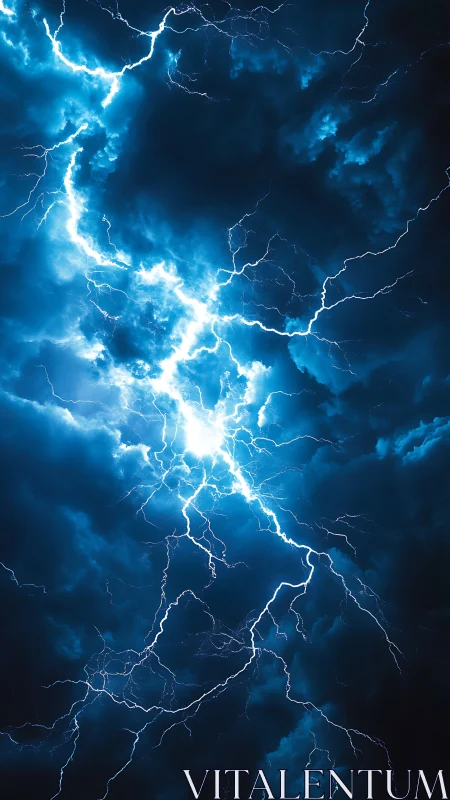 Electric blue lightning fracturing dense storm clouds sky.
