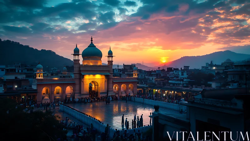 Golden domes greet a watercolor sunset above city prayers.