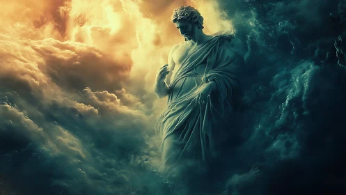 Divine marble figure emerges amid stormlit celestial clouds