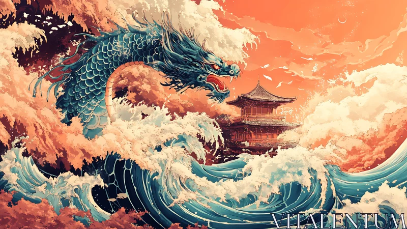 Sea dragon coils through towering waves before storm-lit temple