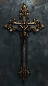 Baroque crucifix with ornate gilded filigree against aged wall