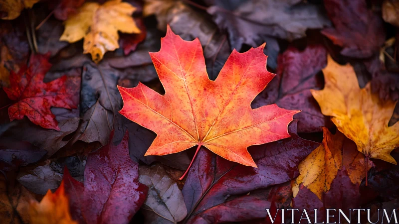 Flaming maple leaf crowned amid autumn&rsquo;s dusky carpet.