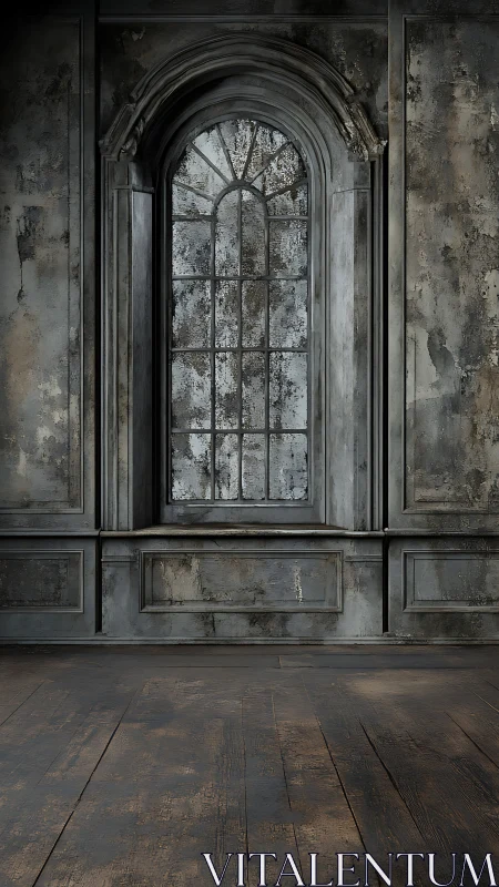 Tall arched window set in distressed interior wall