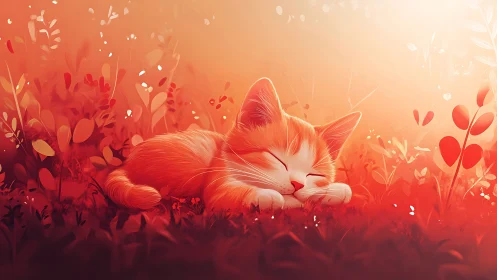 Dreaming in Warm Glow: A Gentle Cat's Garden Rest.
