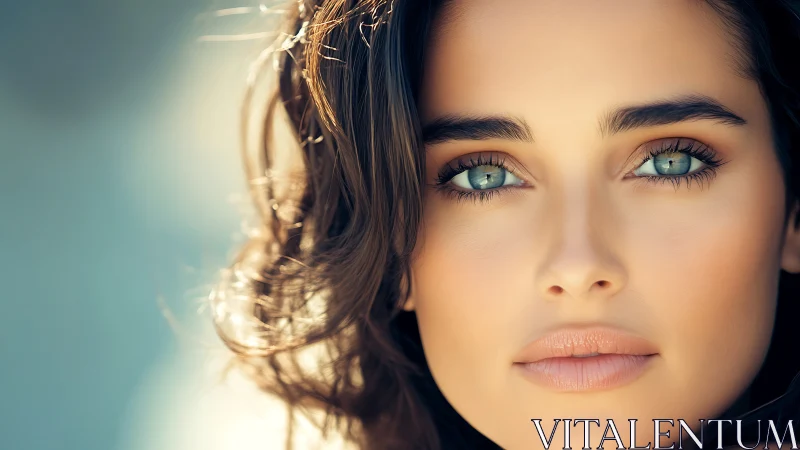 Serene close-up portrait highlights luminous green eyes and poise.