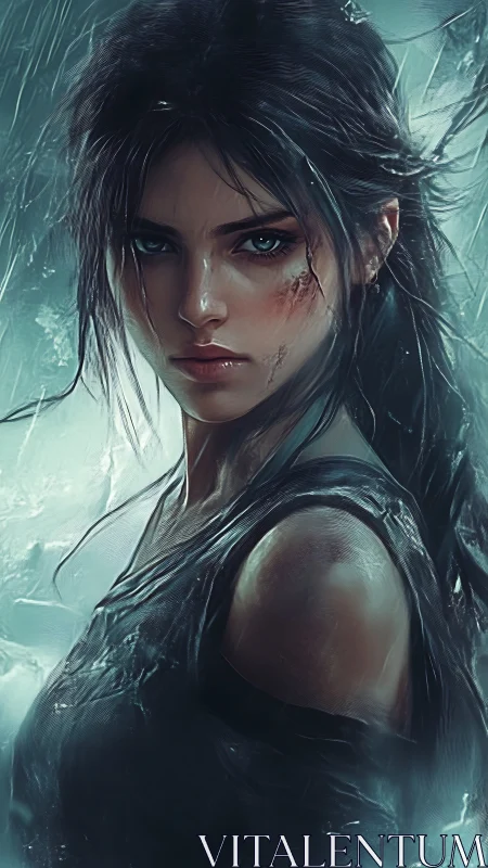 Battle-worn female warrior rendered with wet specular highlights