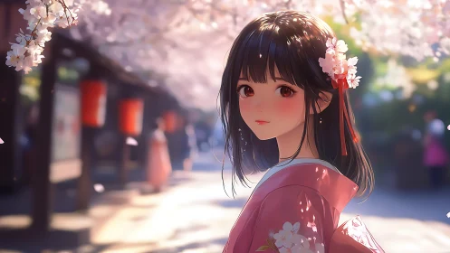 Anime portrait of girl in spring kimono under cherry blossoms.