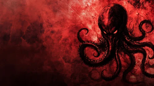 Red tentacled monster silhouette dominates textured background