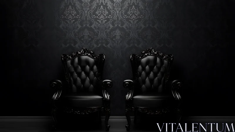 Twin black baroque armchairs stand in dark dramatic room
