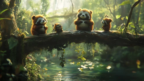 Forest bridge band of fluffy red pandas at golden dawn.
