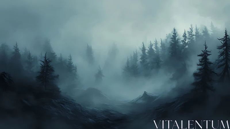 Misty mountain valley with coniferous trees shrouded in fog.