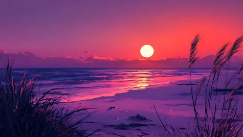 Neon coastal sunset over calm sea with glowing reflections.