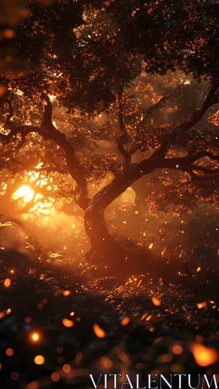 Ancient Tree Ablaze with Golden Sunset Light