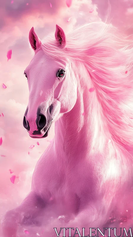 Dreamy pink horse gallops through soft clouds and petals