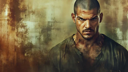 Weathered warrior portrait framed by molten earth tones.