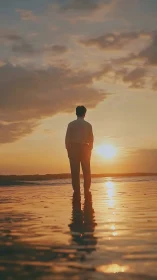 Solitary figure watches the sun descend over reflective shore.