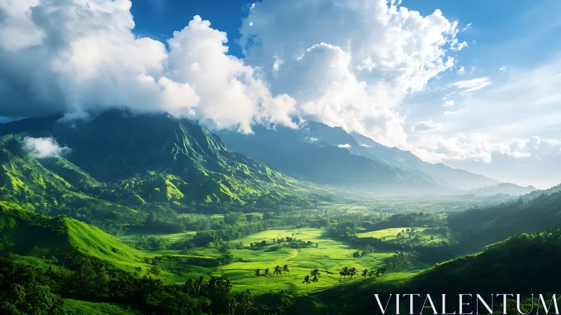 Sunlit emerald valley unfolds beneath towering misty peaks