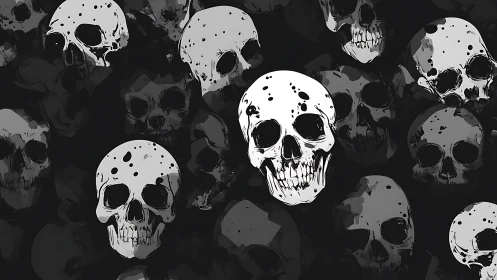 Striking white skulls emerge boldly from the inky darkness
