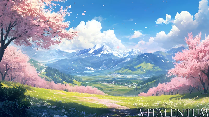 Vernal alpine valley under cherry bloom with atmospheric depth.