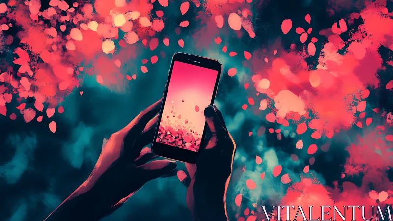 Glowing phone in gentle hands invites a swirl of bright petals