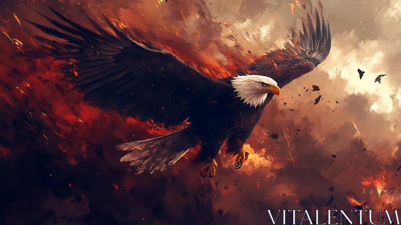 Majestic Bald Eagle Flying Through Fiery Sky in Digital Art.