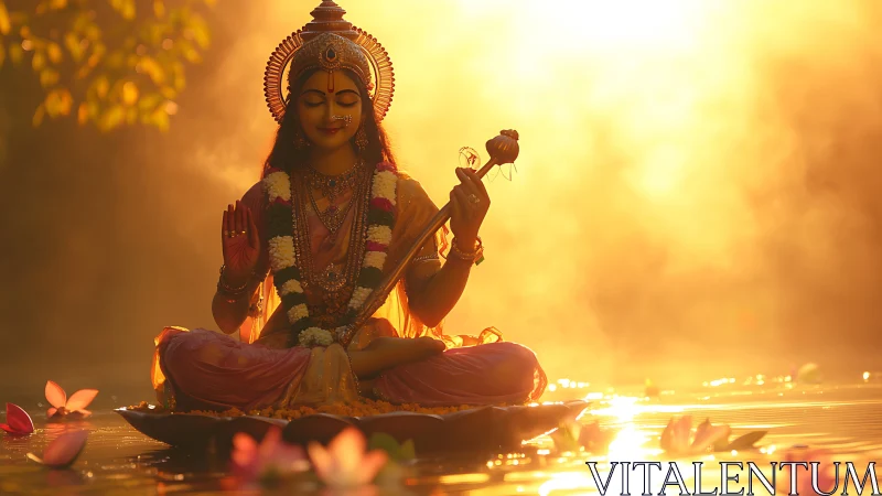 Radiant lotus goddess bathing dawnlight in quiet blessing.