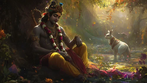 Divine flute player resting beside sacred calf in forest.