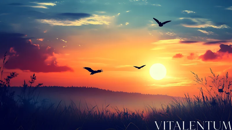 Sunset sky silhouettes three birds above twilight grassland