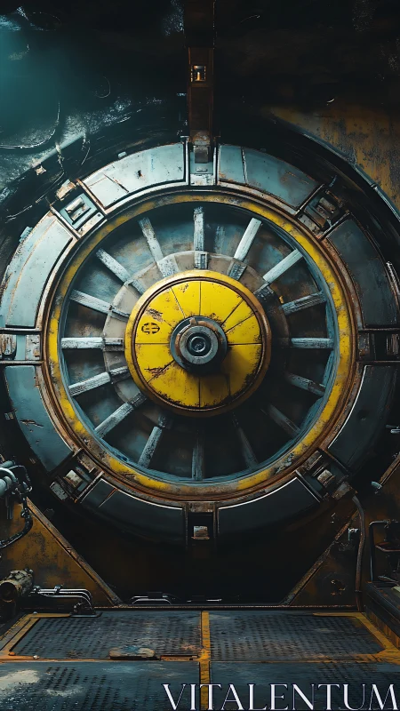 Heavily weathered circular blast door shows radial locking mechanism