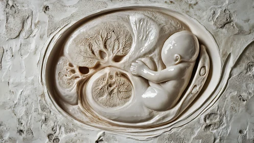 Fetal sculpture merges womb anatomy with branching tree forms