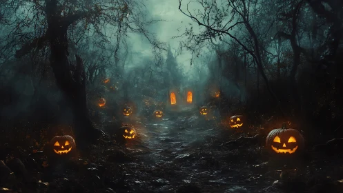 Digital painting of haunted forest path with jack-o&rsquo;-lanterns aglow.