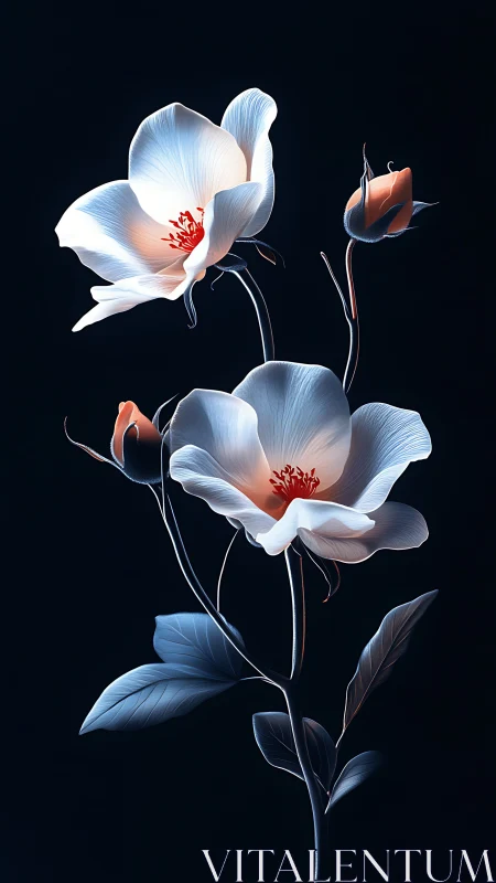 Ethereal Blooms Dance in Shadow. Luminous petals unfold against darkness.