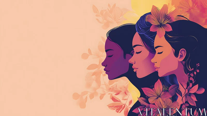 Three Women in Profile with Floral Accents, Modern Vector Art.