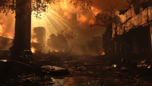 Sunlit smoke filters through ruins of a burned urban street