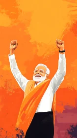 Celebratory digital portrait of leader with raised arms.