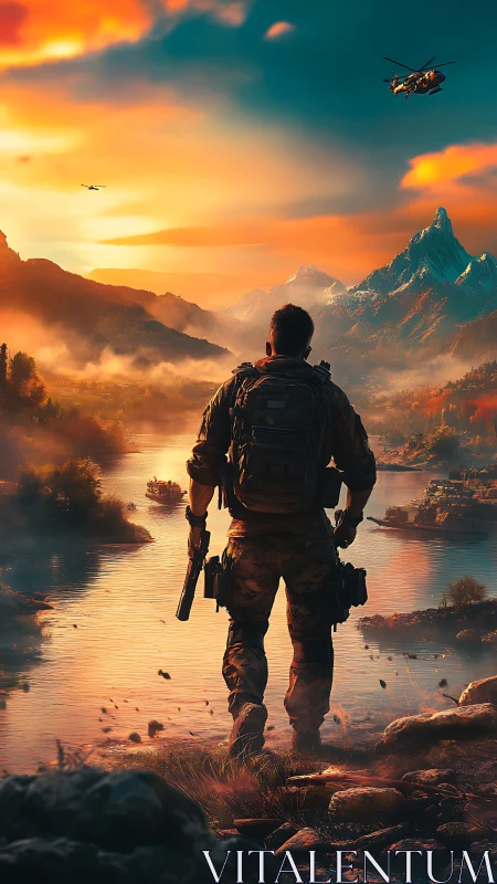 Heavily armed soldier surveys river valley under cinematic sunset