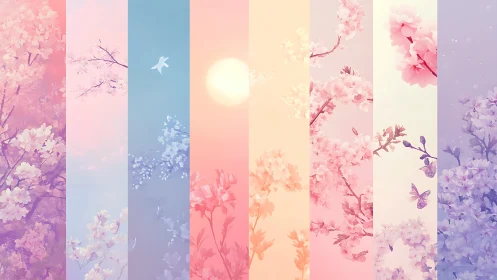 Vertical pastel panels show stylized cherry blossoms in bloom