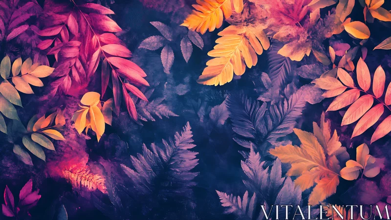 Neon foliage canopy in magenta, violet and golden gradients.