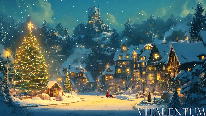 Snowy Christmas village square with lights and castle