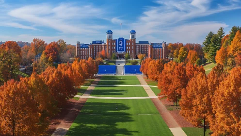Campus lawn leads toward red-brick university hall in autumn