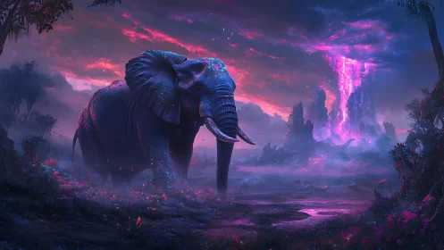Luminescent elephant wandering beneath neon cosmic falls.