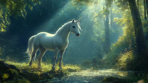 White unicorn standing in a sunlit forest beside water.