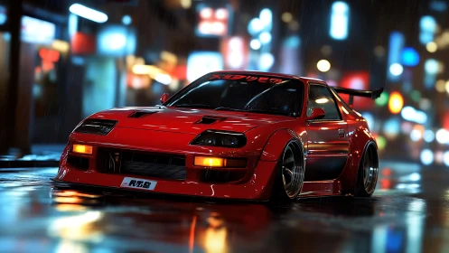 Low-slung red tuner coupe in neon-soaked nocturnal streetscape.