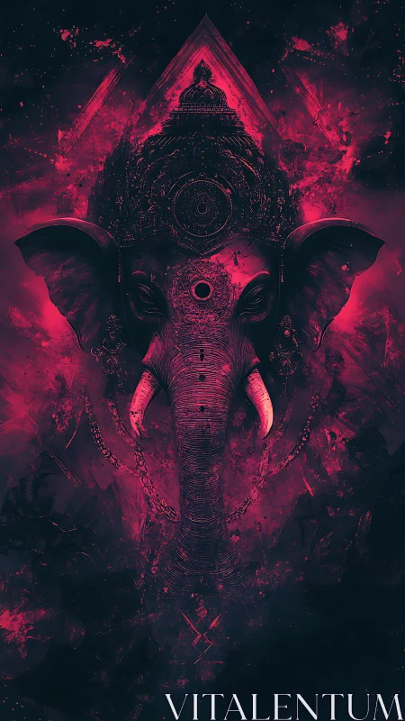 Symmetrical neon elephant deity rendered with high contrast magenta lighting