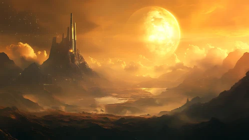 Futuristic spire fortress rises over glowing alien valley