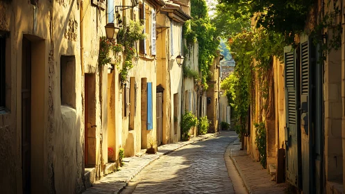 Narrow stone alley with traditional houses and foliage.