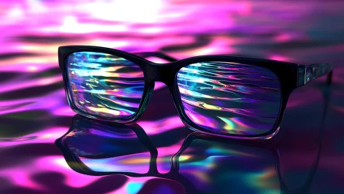 Black glasses on iridescent water with vibrant neon reflections.