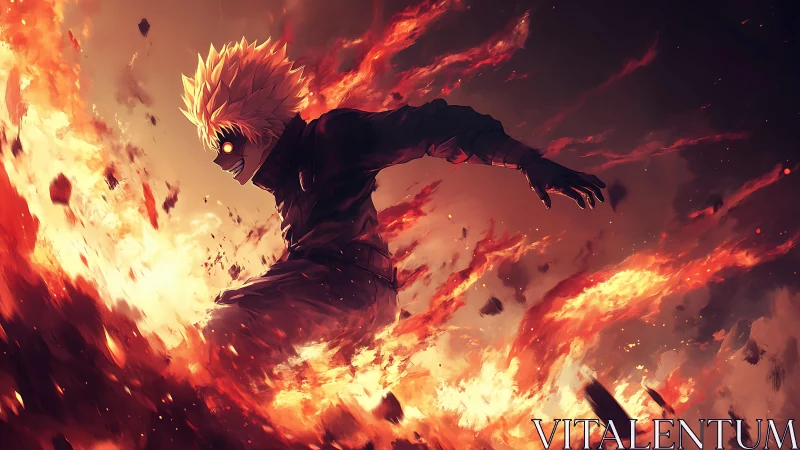 Blazing hero strides through roaring flames with fierce energy