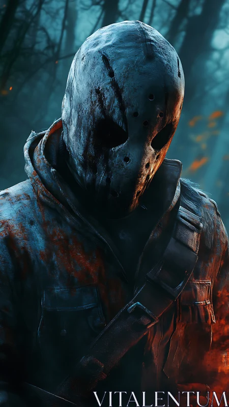Masked forest killer rendered with cinematic horror lighting